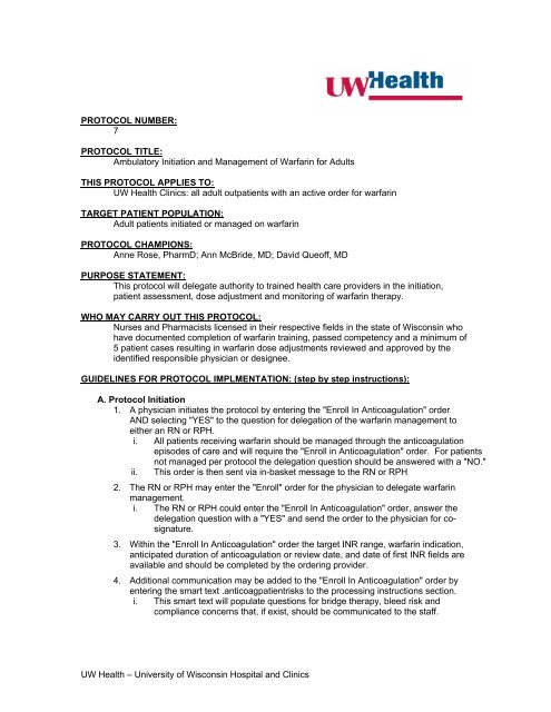 Ambulatory Warfarin Management Protocol (pdf) - UW Health