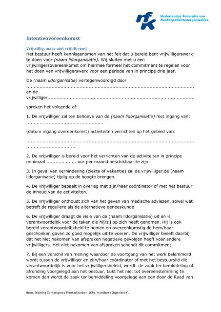 Intentieovereenkomst  Vrijwilligersbeleid