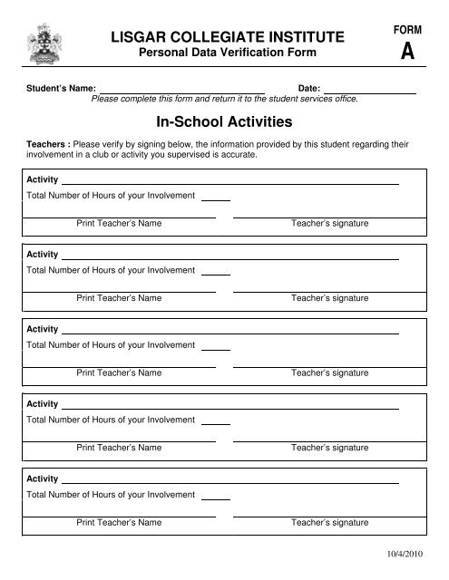 Personal Data Verification Form - Lisgar Collegiate Institute