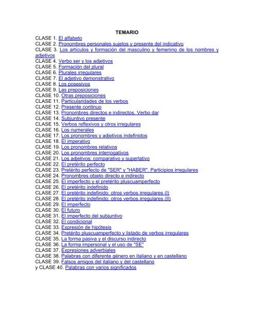 TEMARIO CLASE 1. El alfabeto CLASE 2. Pronombres ... - Idiomas