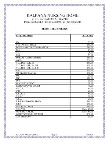 Schedule of Charges of KALPANA NURSING HOME, UDAIPUR