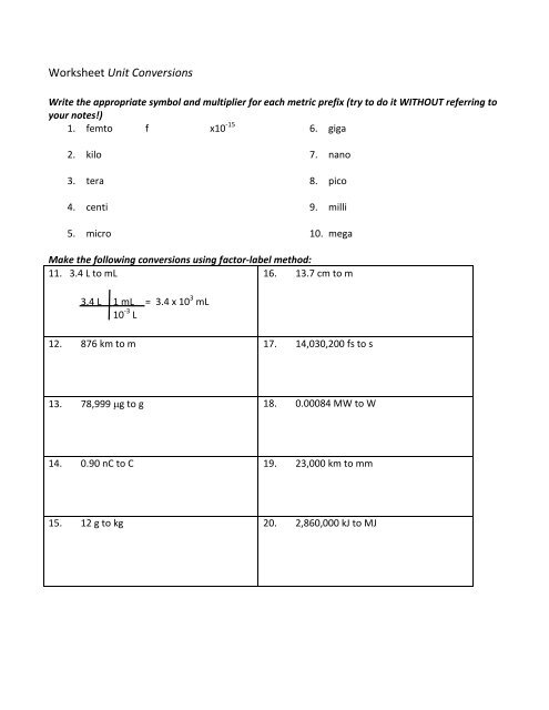 conversions worksheet