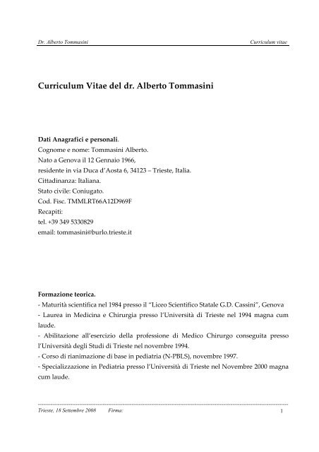 Curriculum Vitae del dr. Alberto Tommasini - Clinica Pediatrica ...