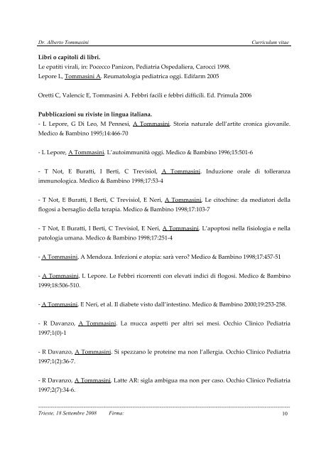 Curriculum Vitae del dr. Alberto Tommasini - Clinica Pediatrica ...
