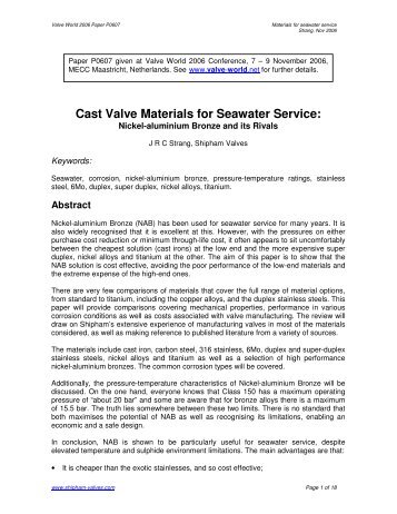 Cast Valve Materials for Seawater Service: - Shipham Valves
