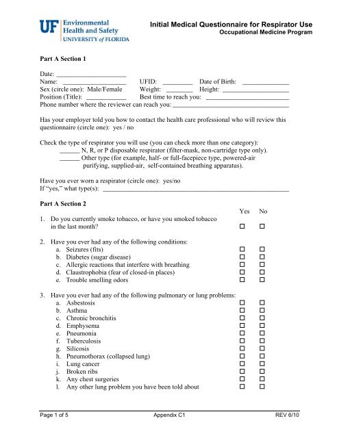 Initial Respirator Medical Evaluation Questionnaire