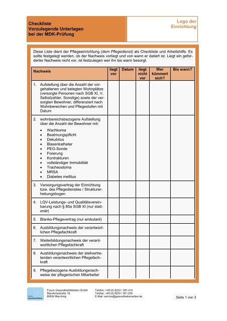Fit für die MDK Prüfung - Checkliste Vorzulegende Unterlagen