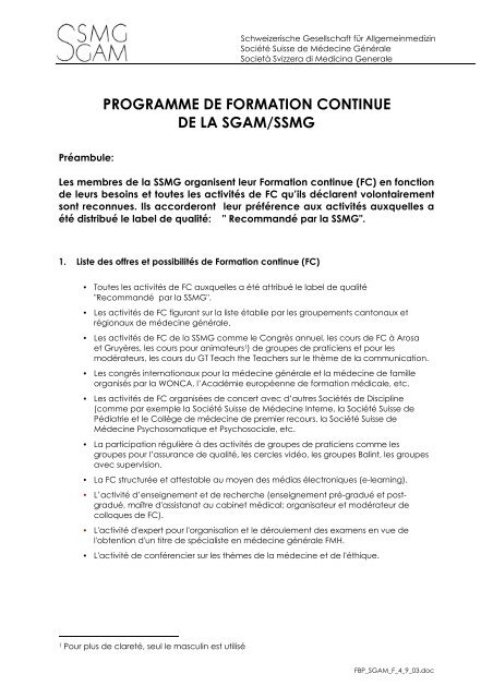 PROGRAMME DE FORMATION CONTINUE DE LA SGAM/SSMG