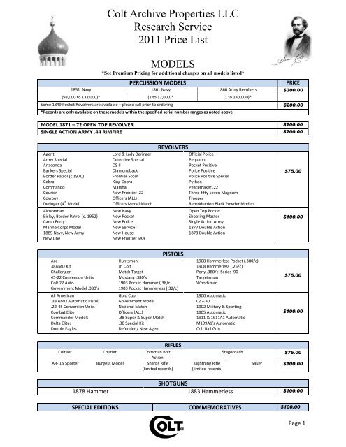 Colt Archive Properties LLC Research Service 2011 Price List