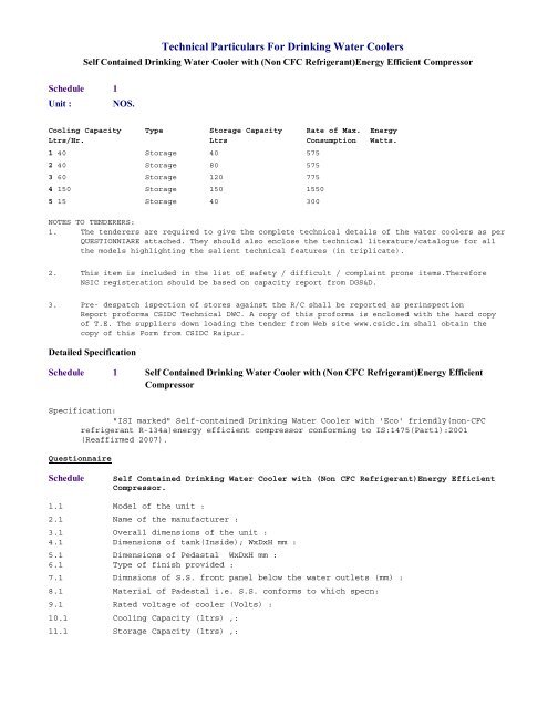 Technical Particulars For Drinking Water Coolers - csidc ...