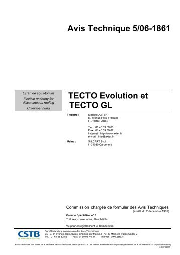 TECTO Evolution et TECTO GL Avis Technique 5/06-1861 - Axter