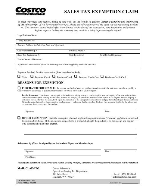 Sales Tax Exemption Claim Form - Costco