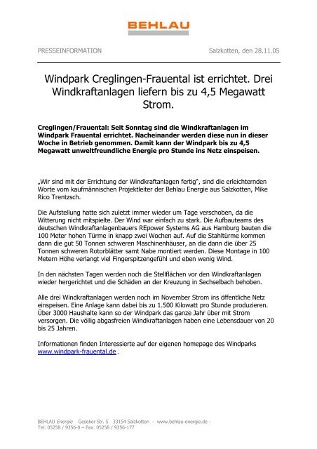 Windpark Creglingen-Frauental ist errichtet. Drei Windkraftanlagen ...