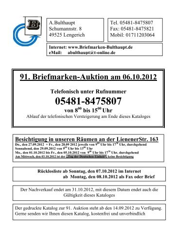 91. Briefmarken-Auktion am 06.10.2012 Telefonisch unter ... - T-Online