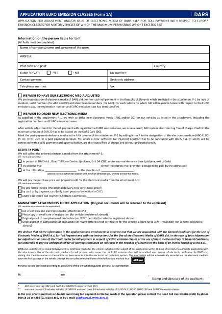 APPLICATION EURO EMISSION CLASSES (Form 1A) - Dars