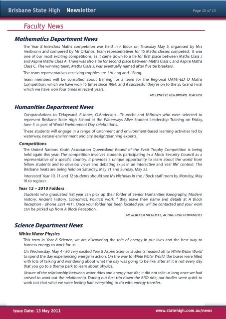 Newsletters Issue - Brisbane State High School - Education ...