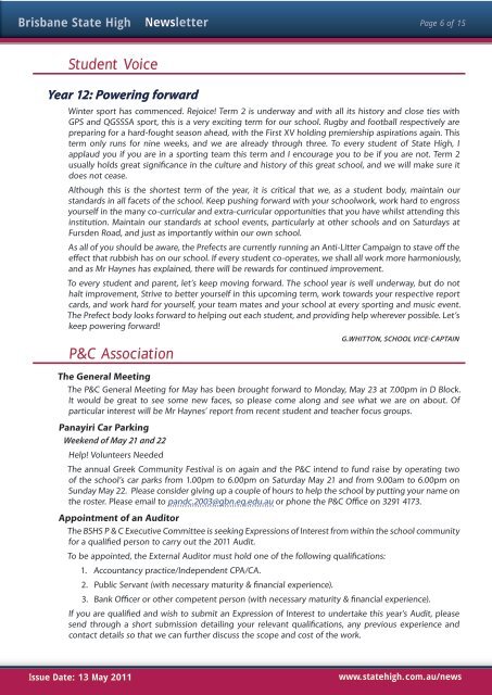 Newsletters Issue - Brisbane State High School - Education ...