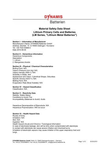 Material Safety Data Sheet Lithium Primary Cells and Batteries (LM ...