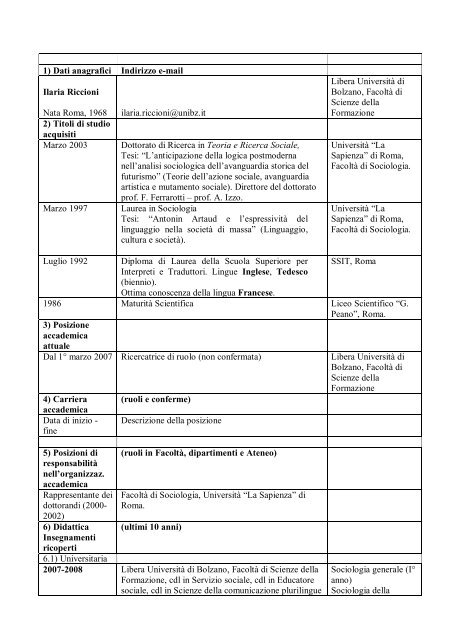 1 Dati Anagrafici Indirizzo E Mail Ilaria Riccioni Nata Roma 1968