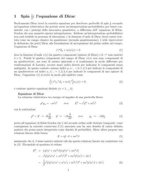 1 Spin : l'equazione di Dirac