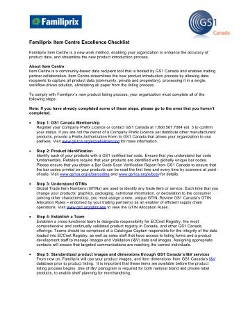 Familiprix Item Centre Excellence Checklist - GS1 Canada