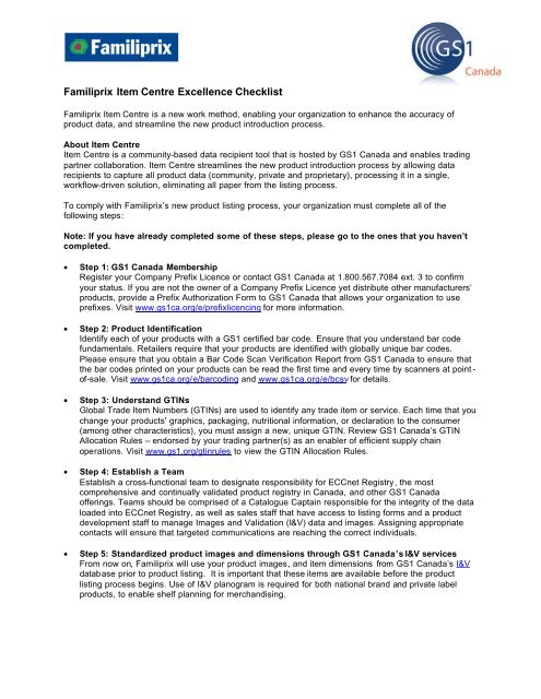 Familiprix Item Centre Excellence Checklist - GS1 Canada