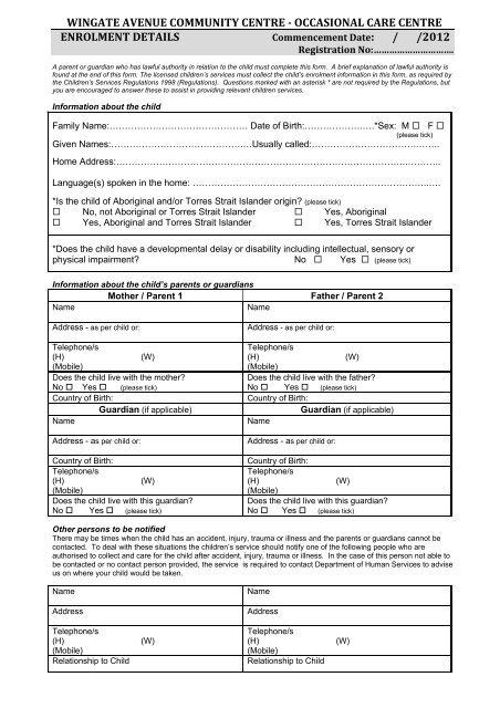 Childcare Enrolment Form - Wingate Avenue Community Centre