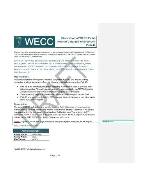 Discussion of WECC Paths West of Colorado River (WOR) Path 46