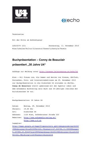 Buchpräsentation – Conny de Beauclair präsentiert „30 Jahre U4“