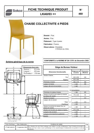 fiche technique produit lka0/03 ++ chaise collectivite 4 pieds - Idaca 6