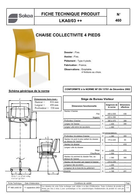 fiche technique produit lka0/03 ++ chaise collectivite 4 pieds - Idaca 6