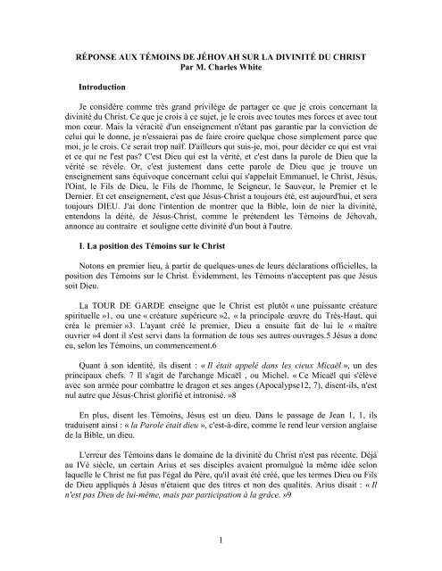 1 RÃPONSE AUX TÃMOINS DE JÃHOVAH SUR LA ... - Denis Tarko