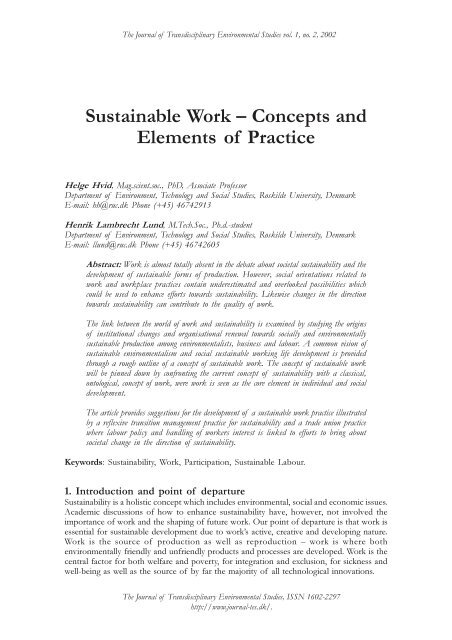 Sustainable Work - Concept and Elements of Practice