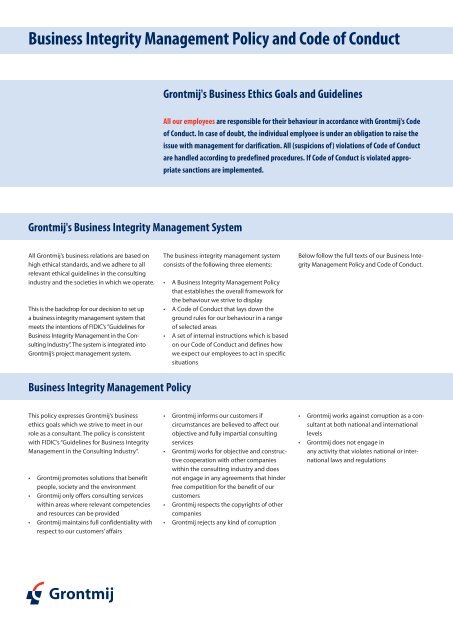 Business Integrity Management Policy and Code of Conduct - Grontmij