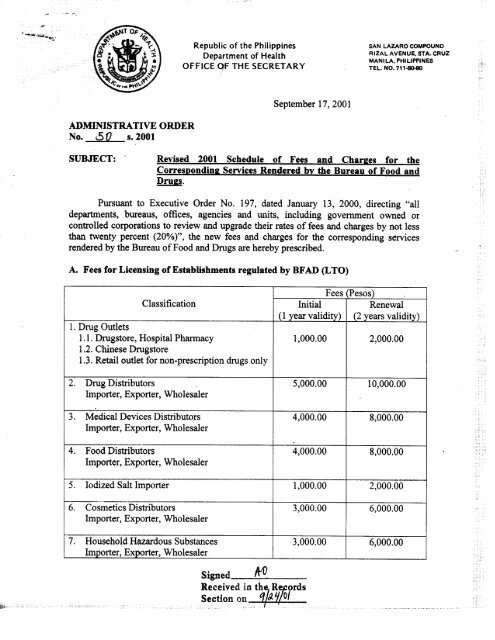 Administrative Order No. 50 s. 2001