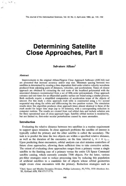 Determining Satellite Close Approaches, Part II - Center for Space ...