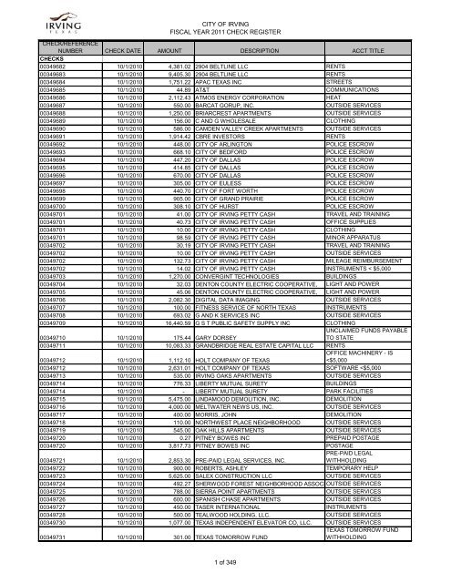 city of irving fiscal year 2011 check register - City of Irving, Texas