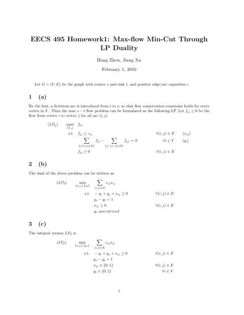 EECS 495 Homework1: Max-flow Min-Cut Through LP Duality