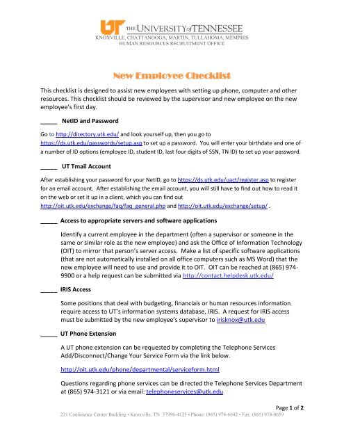 New Employee Checklist Human Resources