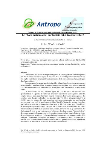 Le choix matrimonial en Tunisie est-il transmissible? - Antropo