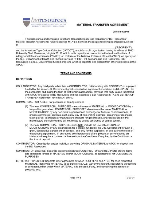 MATERIAL TRANSFER AGREEMENT - BEI Resources