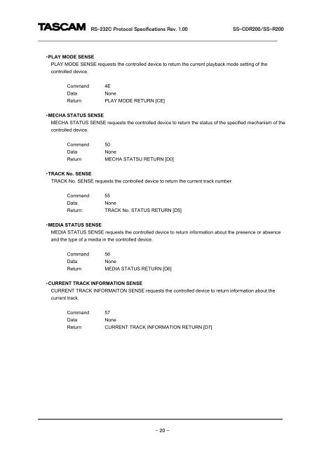 SS-R200, SS-CDR200 RS-232C documentation - Tascam