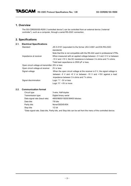SS-R200, SS-CDR200 RS-232C documentation - Tascam