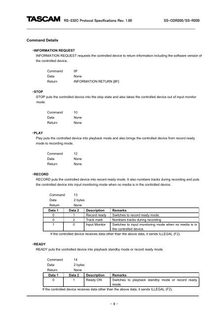 SS-R200, SS-CDR200 RS-232C documentation - Tascam