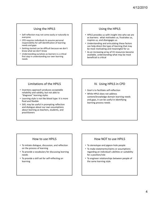 Health Professionals' Inventory of Learning Styles (H-PILS) g y ...