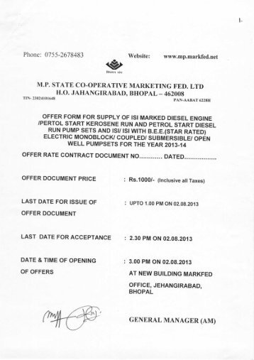 mp state co-operative marketing fed. ltd ho ... - MP Markfed