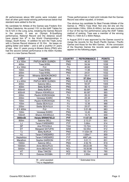 pacific games, noumea 2011 - Oceania Athletics Association