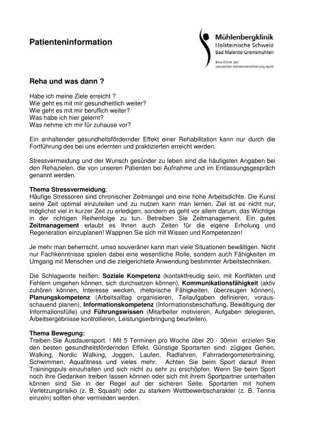 Handout Reha und was dann - MÃ¼hlenbergklinik