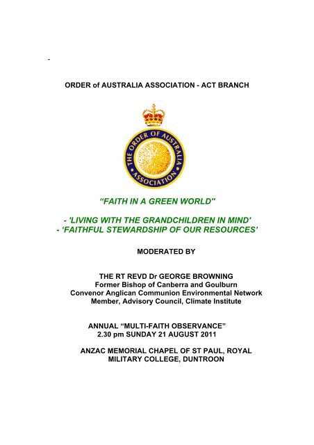 faith in a green world" - 'living with the - Order of Australia Association