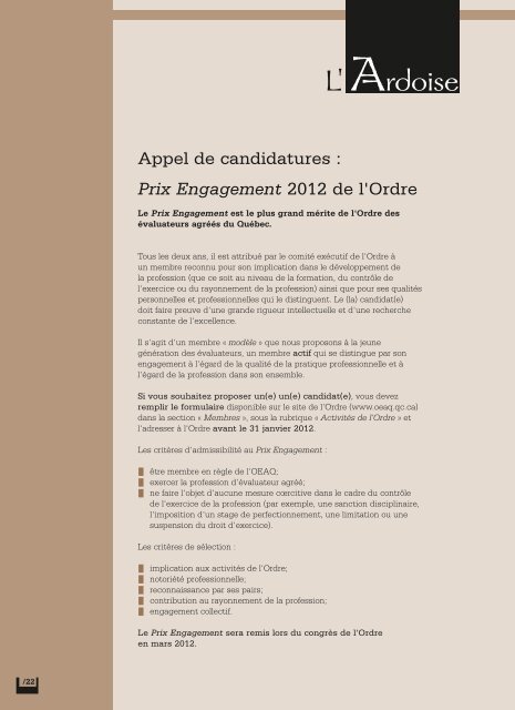 novembre 2011 - Ordre des évaluateurs agréés du Québec